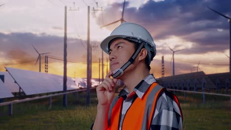 close up side view of asian male engineer with safety helmet thinking and looking around then raising his index finger while standing with solar panel and wind turbines