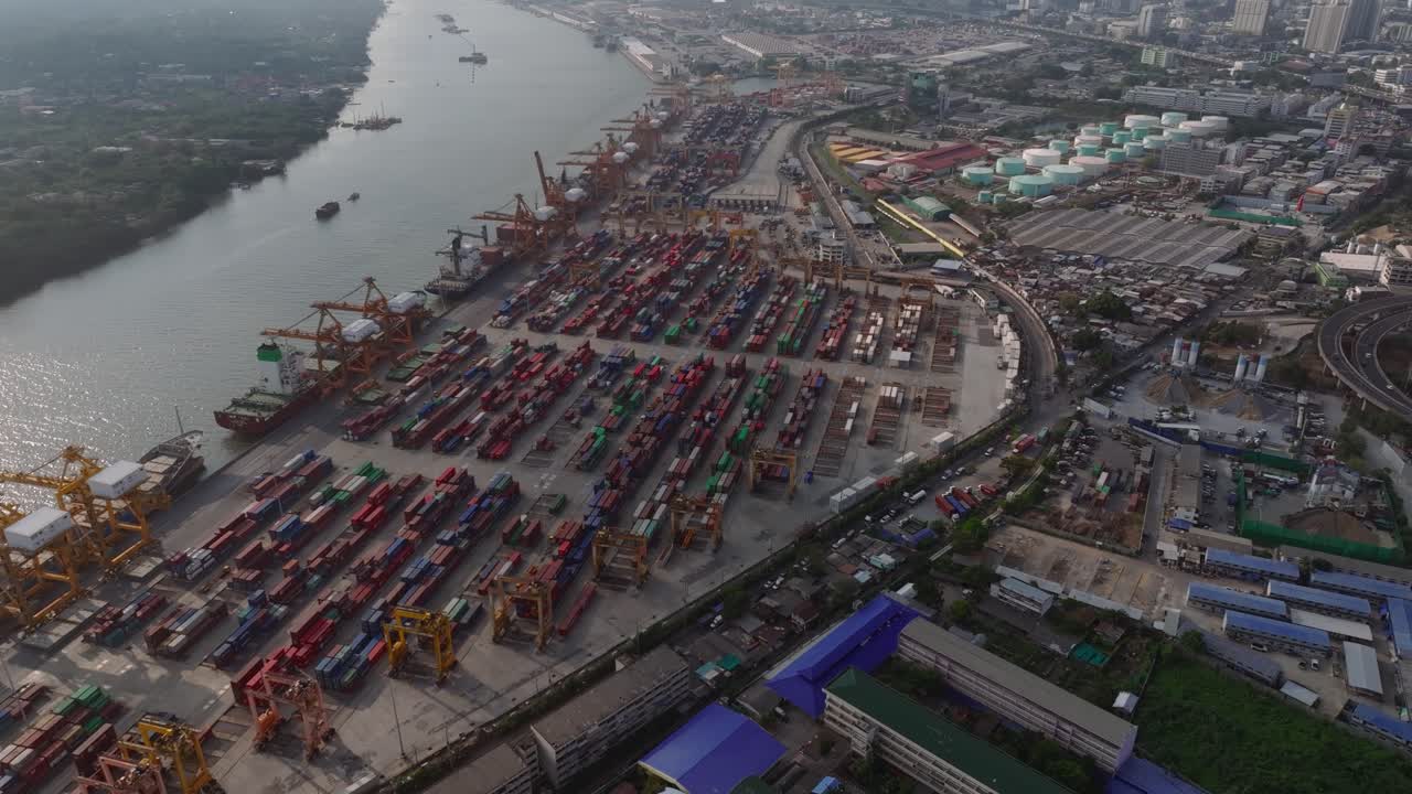 Aerial view of a busy container port and shipping logistics