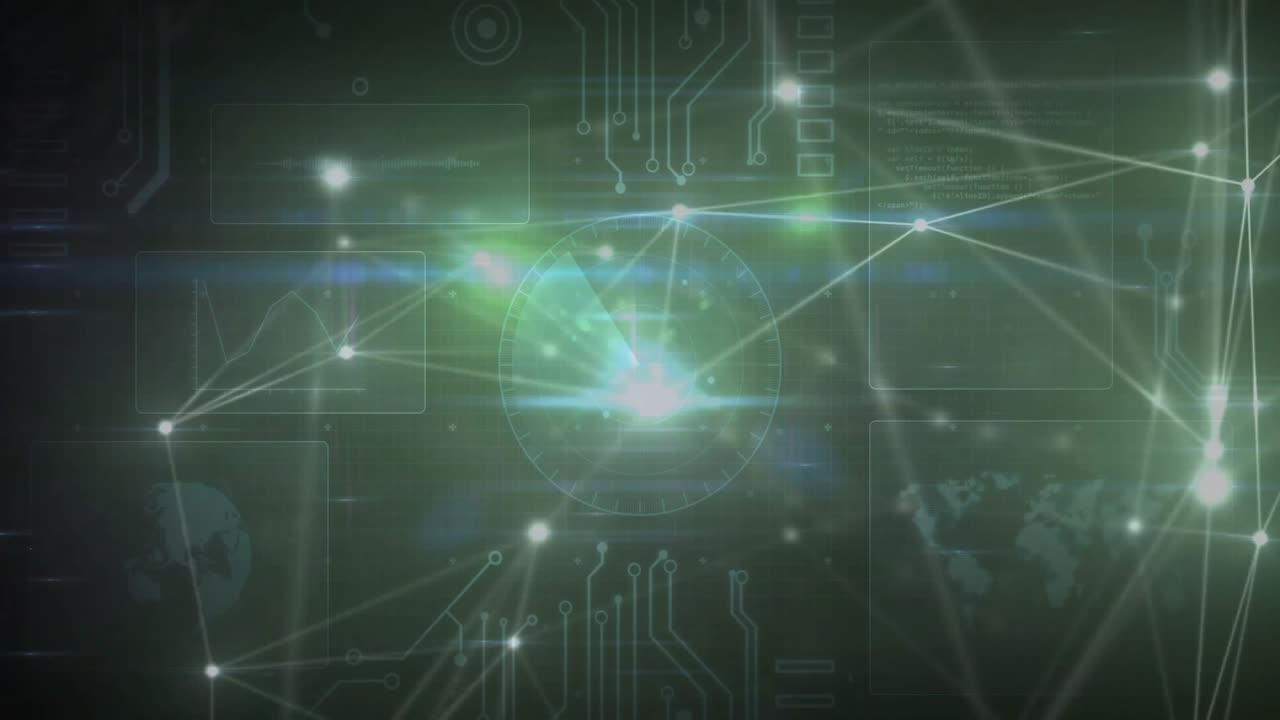 Receiving start signal, network fading in nodes and traces, rotating radar sweep, looping display