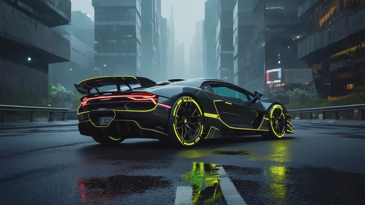 Futuristic Sports Car with Neon Yellow Accents on a Wet City Street at Night