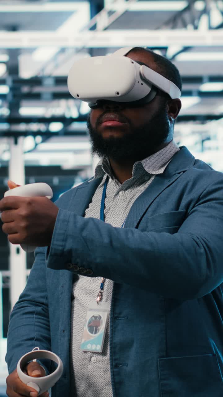 Vertical video Doing machines maintenance, VR glasses equipment and employee in server hub