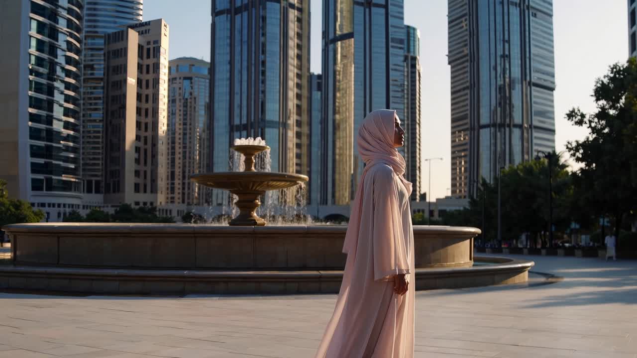 Elegant woman wearing traditional clothing is walking near a fountain in a modern city square, surrounded by tall buildings and trees, enjoying the urban environment
