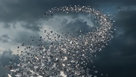 a mesmerizing visual of swirling metallic leaves against a dramatic stormy sky, capturing the essence of movement, fluidity, and the beauty of nature's chaos in a stunning display