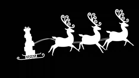 Digitale-Animation-Der-Silhouette-Von-Weihnachtsgeschenkschachteln,-Die-Von-Rentieren-Vor-Schwarzem-Rücken-Gezogen-Werden