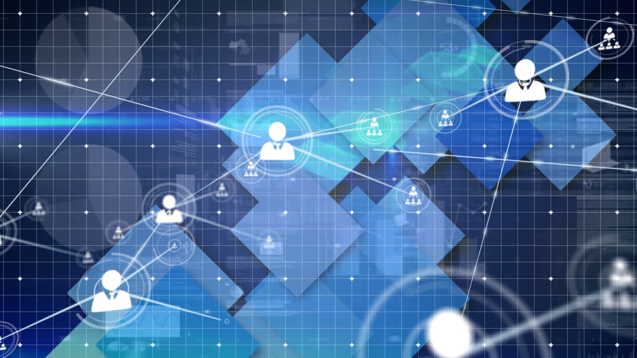 사람, 아이콘과 사각형 및 그리드 패턴으로 데이터 처리를 연결하는 선의 애니메이션