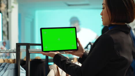 woman holding tablet with green screen in fashion store