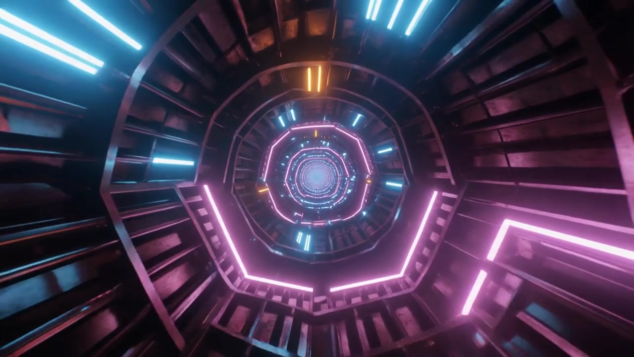 Futuristisk neonlystunnel med roterende geometrisk struktur