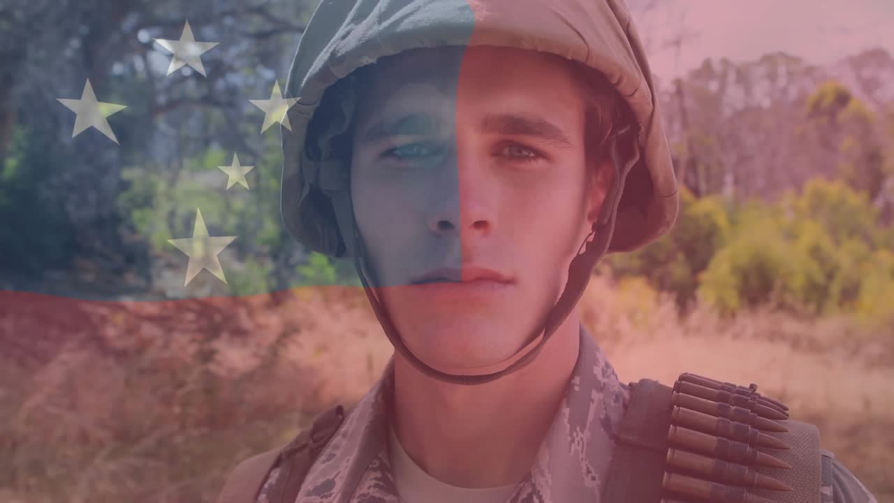 Camera rising revealing soldier face under helmet, showing defense theme with pulsing flag overlay