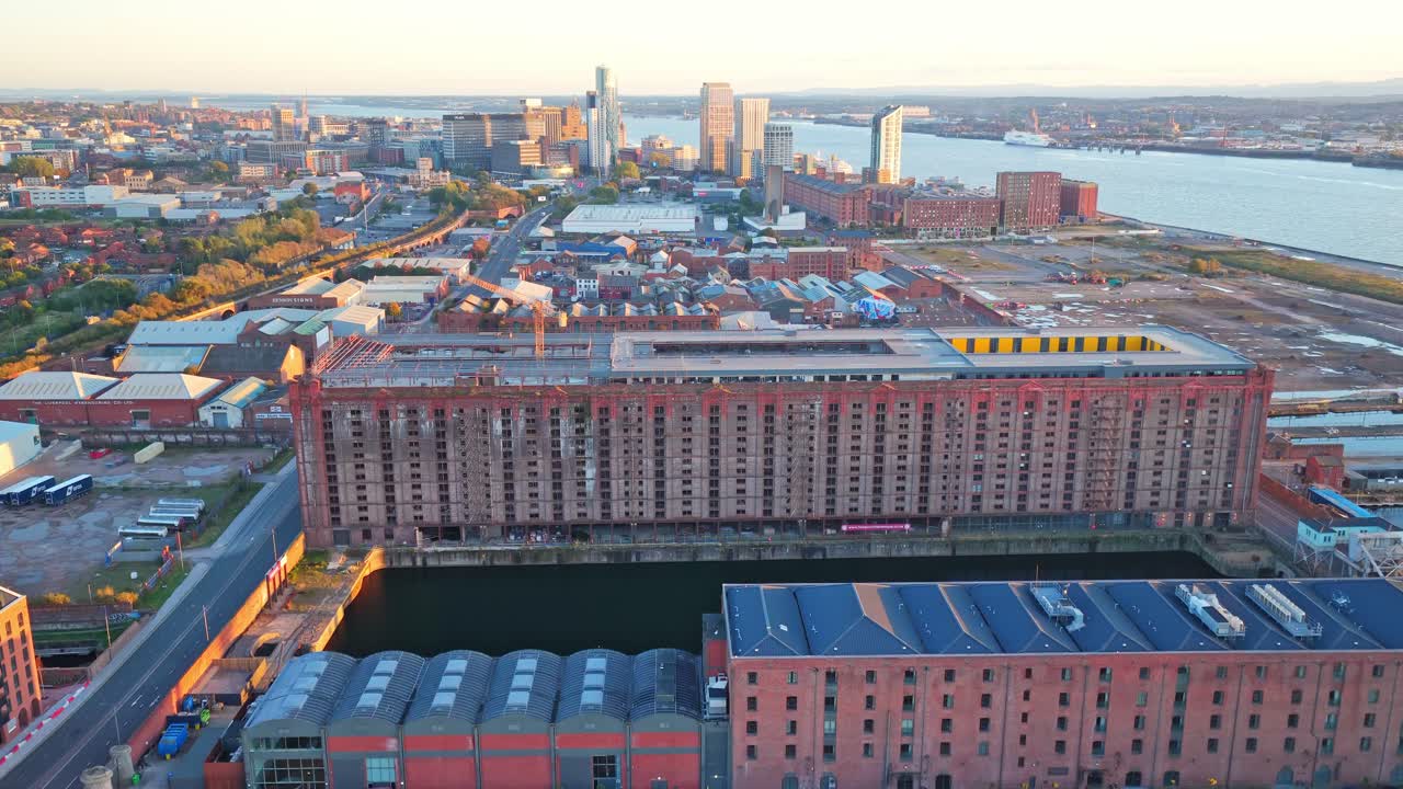 Drone footage of the surrounding neighbourhood and housing near Everton FC’s Bramley-Moore Dock stadium in Liverpool. Captured at sunset, this video highlights the residential streets, docklands