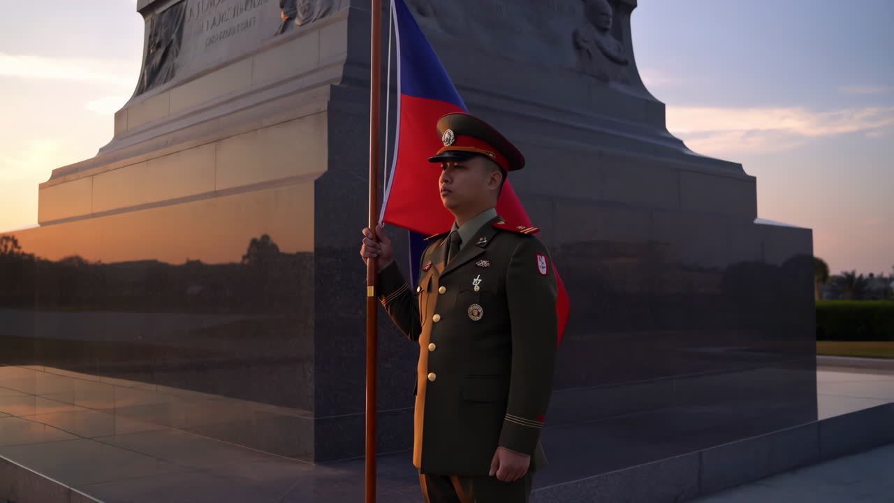 Military Officer Saluting the Flag at Monument