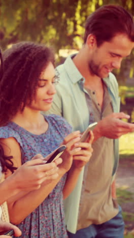 amigos felices en el parque usando sus teléfonos