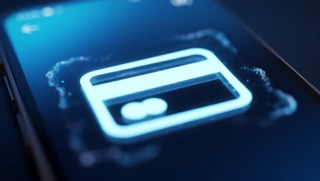 digital payment interface: a close-up view of a lighted credit card icon on a smartphone screen highlighting modern cashless transactions