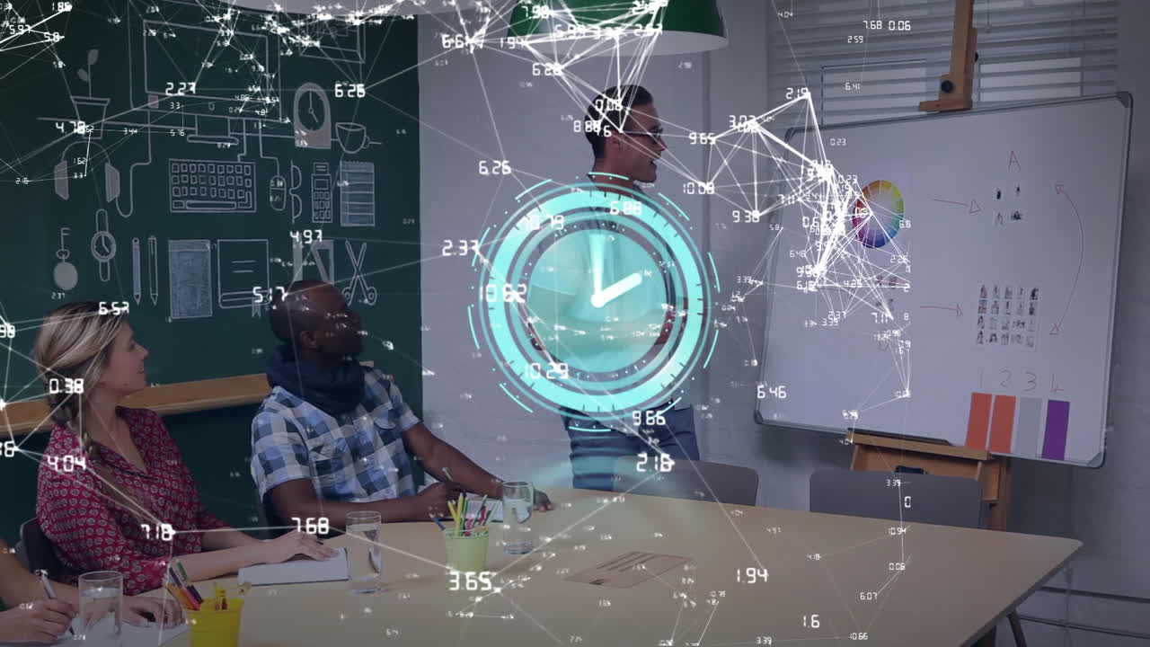 Animation of global network and clock on scanner processing data over diverse colleagues at meeting