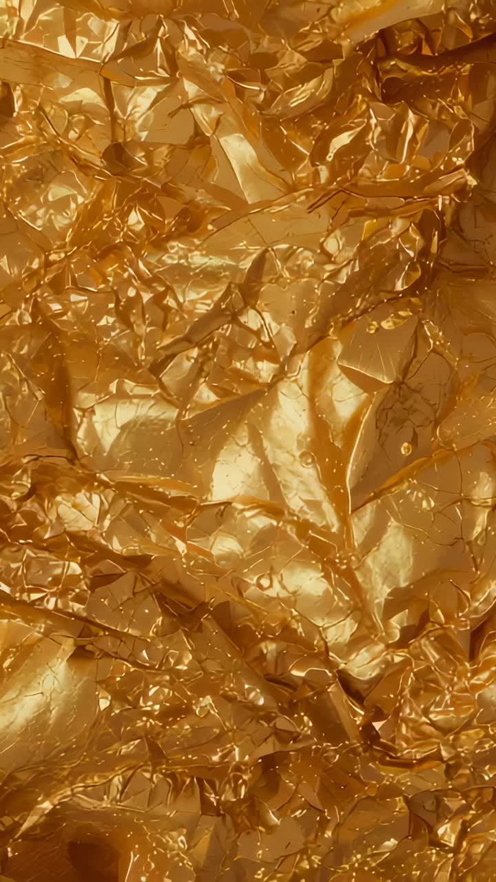 Vertical video: Camera filming macro crumpled gold foil in studio, light shifting, showing droplets