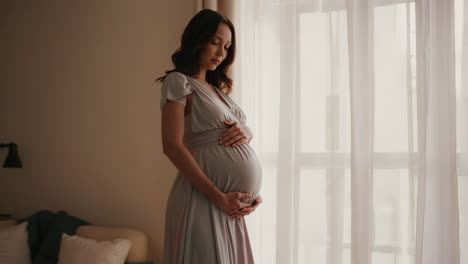 pregnant woman in a dress by the window
