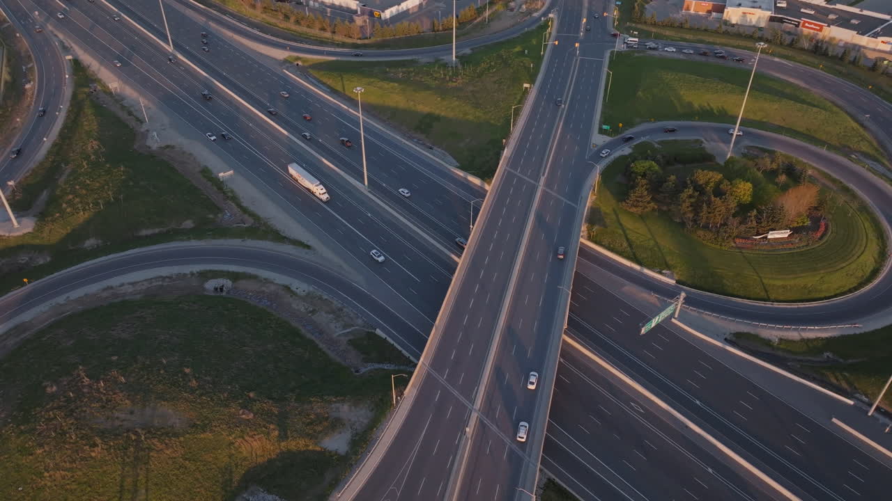 Mississauga highway 401 aerial view in slow motion with busy traffic flow