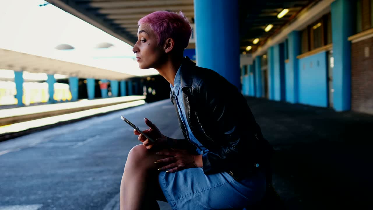 Woman using mobile phone while waiting for train at platform 4k