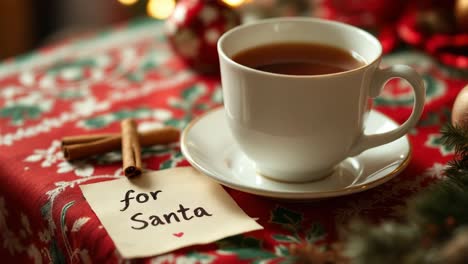 white porcelain cup full of tea, cinnamon sticks and a note for santa left on christmas decorated table