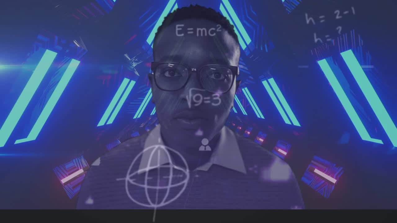 Mathematical equations over portrait of man against glowing tunnel