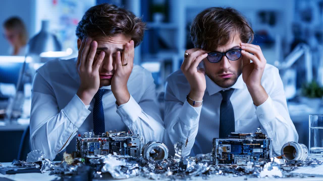 Frustration and Despair: Two Professionals Struggling with Broken Technology in a Dimly Lit Workspace, Surrounded by Disassembled Gadgets and Crumpled Aluminum Foil