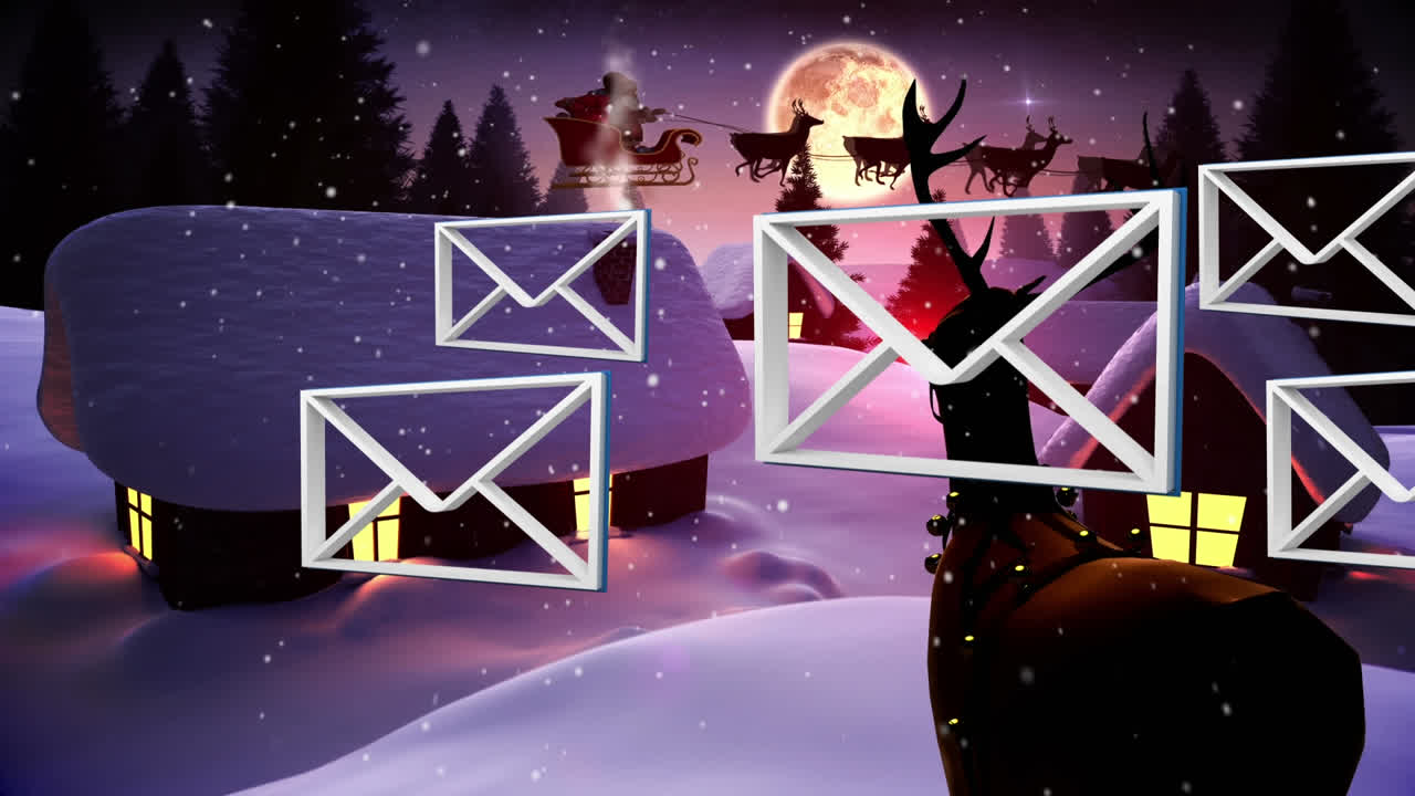 여러 개의 메시지 아이콘과 밤 하늘에 대한 겨울 풍경에 여러 개의 집 위에 내리는 눈