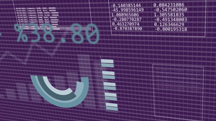 Animation of statistics and data processing over purple background