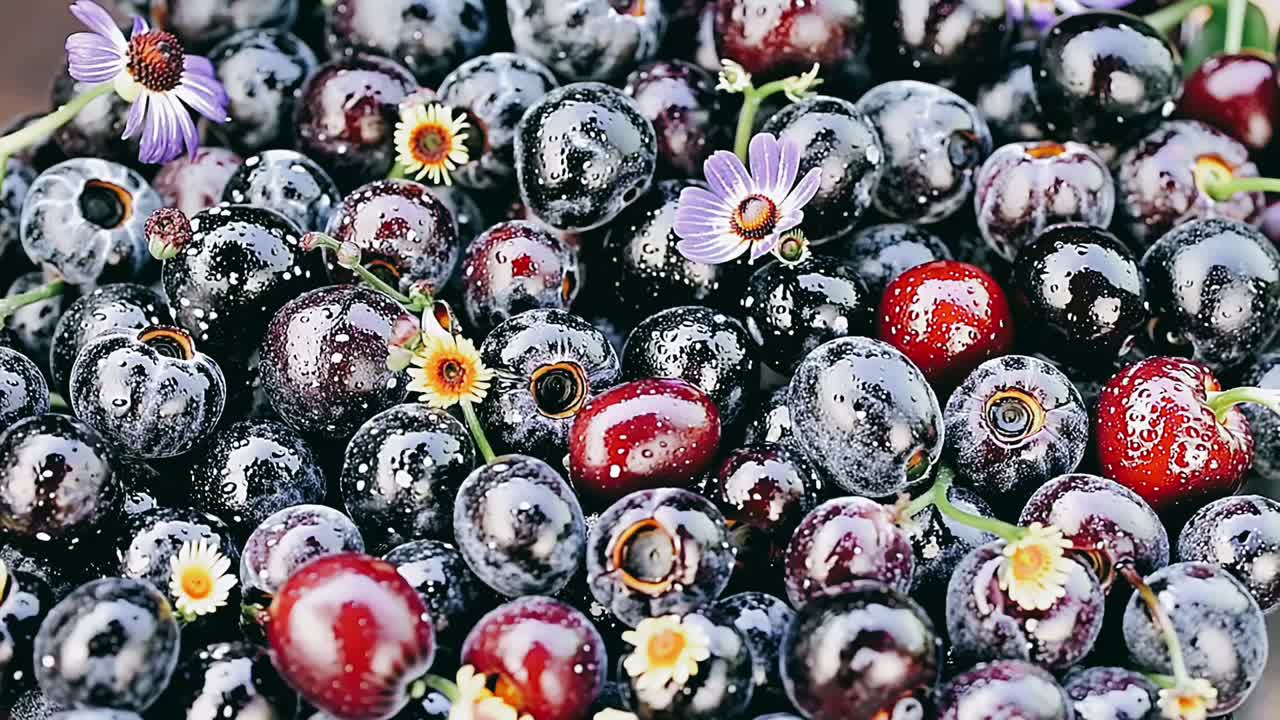 Fresh Cherries and Blueberries with Flowers
