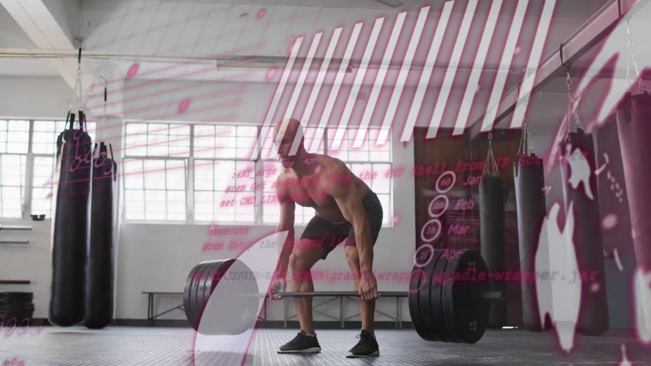 Man planting feet, gripping bar, driving legs, lifting and lowering, pink overlays passing, fitness