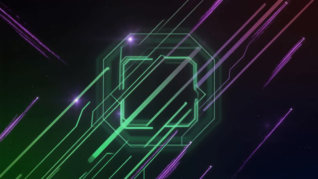 Futuristic Digital Network Animation with Glowing Green and Purple Lines