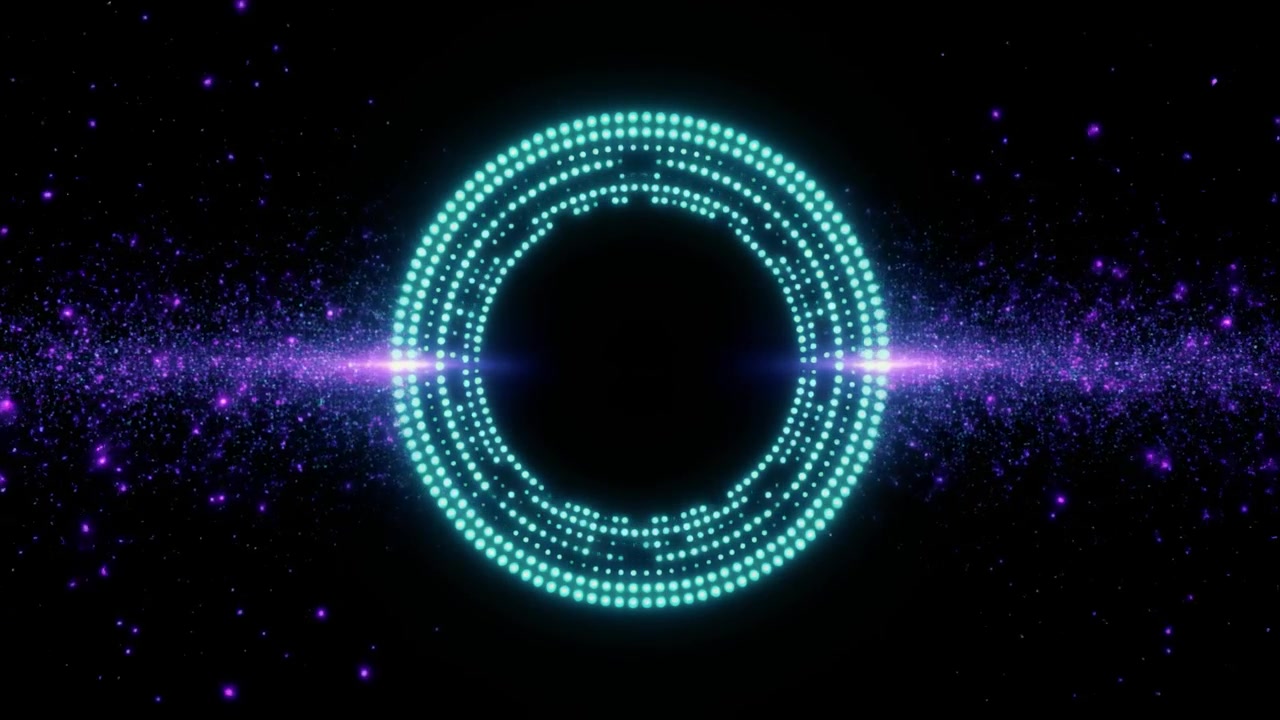 Cincin Digital Sian Bercahaya dengan Latar Belakang Partikel Ungu