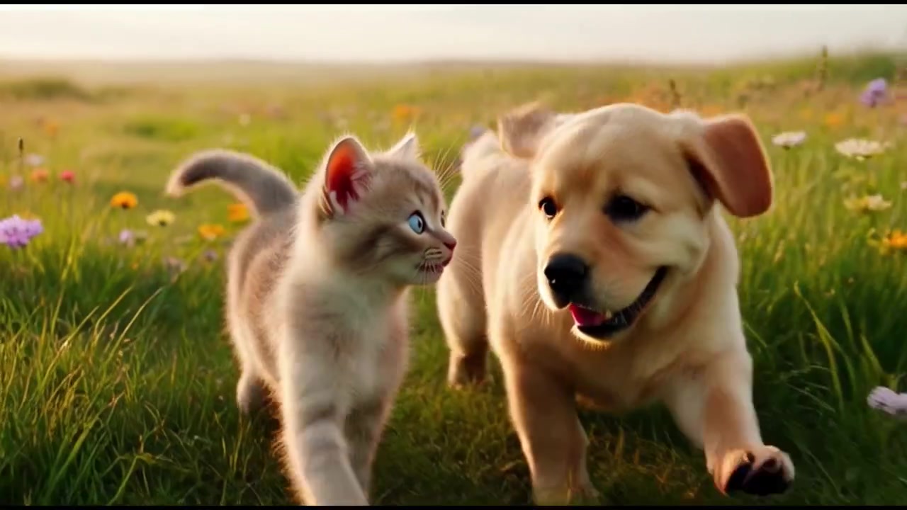Cachorrinho e gatinho fofos correndo juntos em um prado florido