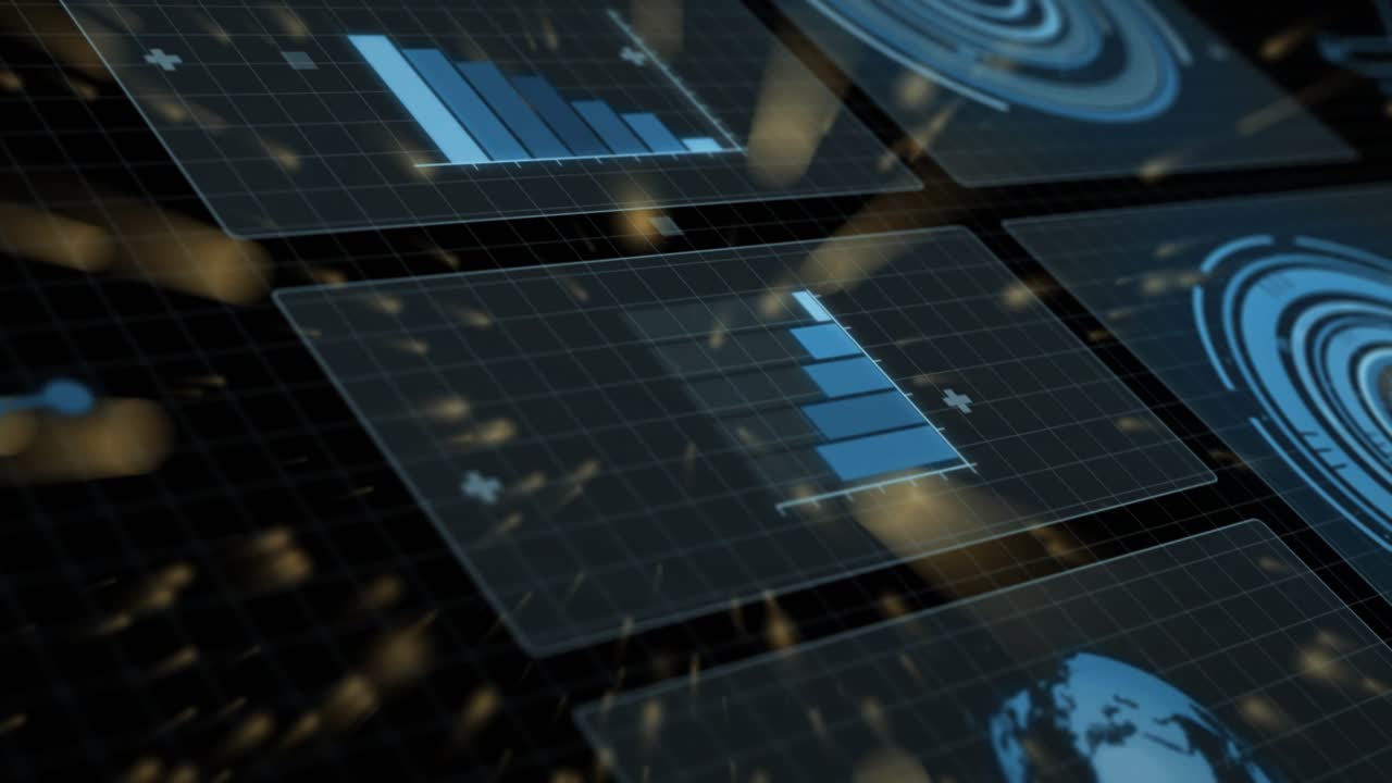 Blue L axes drawing in, hologram panels animating with bars rising, camera dollying to show data