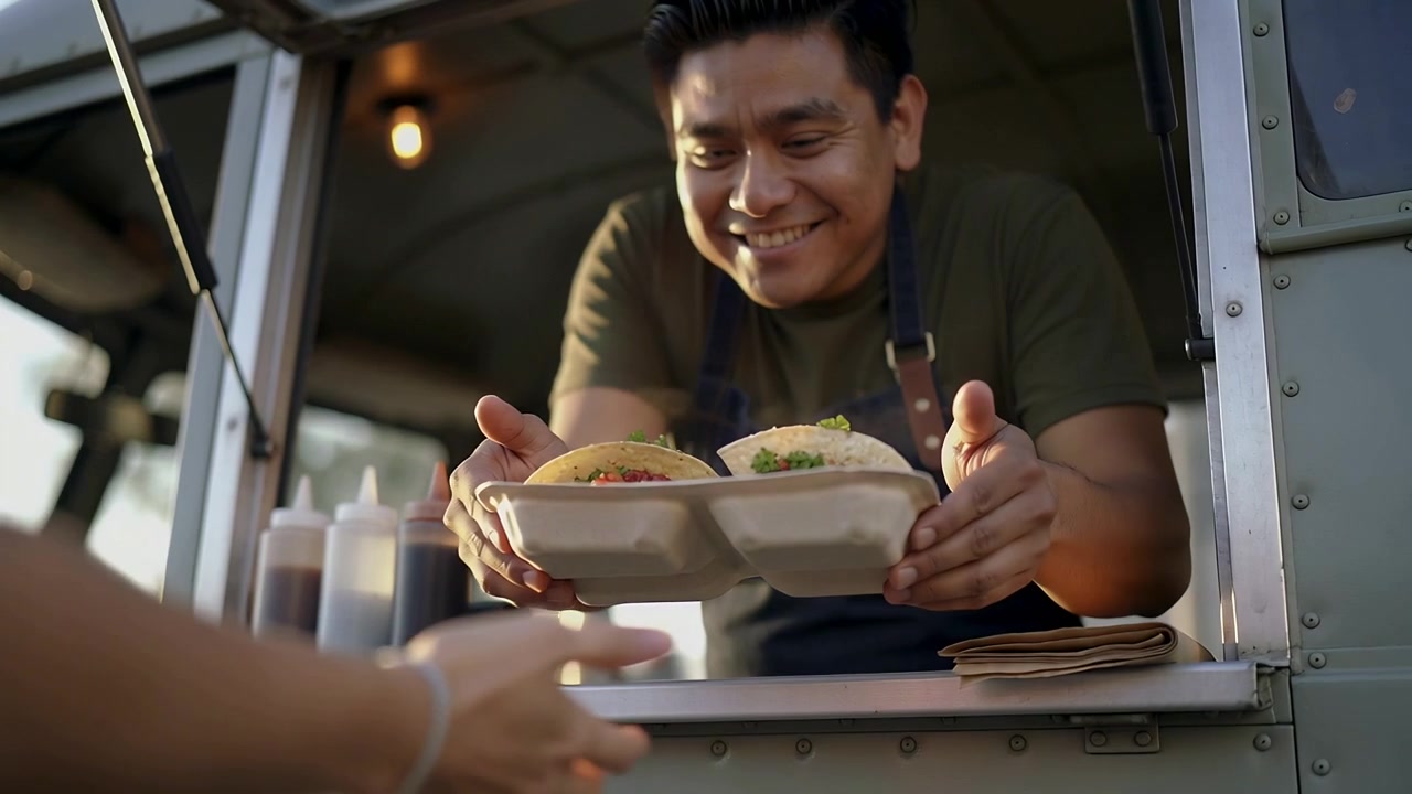 Cameriere chinato con camicia verde oliva che porge tacos a conchiglia attraverso il finestrino del food truck, con il cliente che si allunga