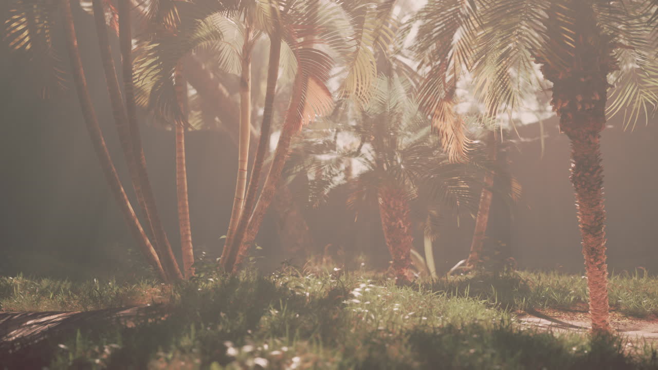 안개 가 가득 한 열대  나무 숲