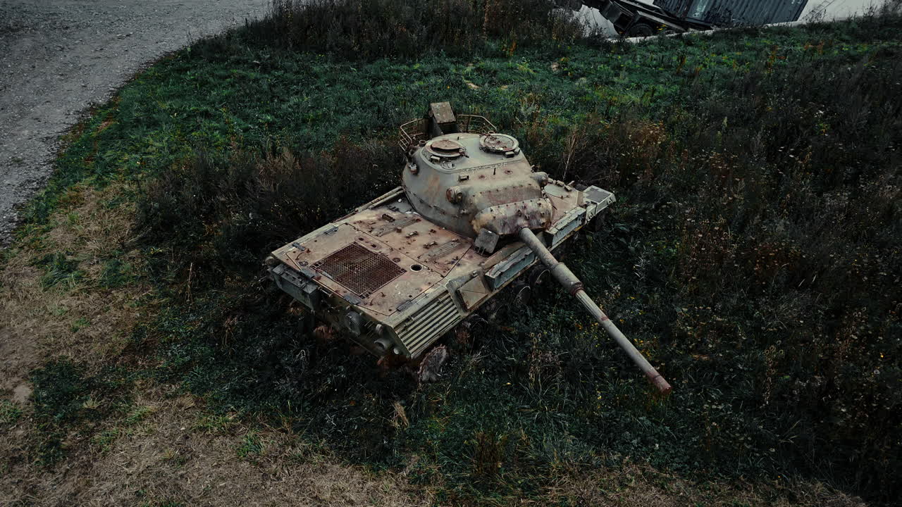 Aerial View of an Old Abandoned Rusty Military Tank