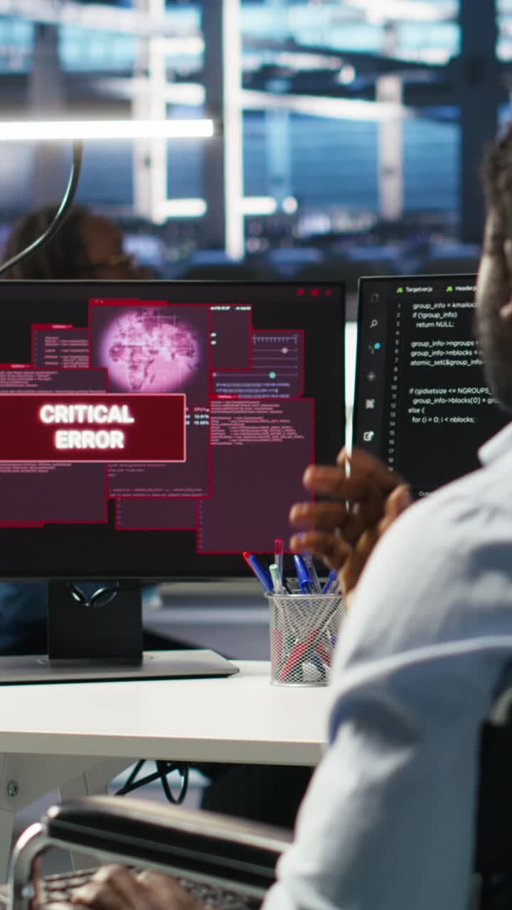Vertikal video af overanstrengt mand i kørestol, frustreret over fejl, der ser på serverhub AI-analyser