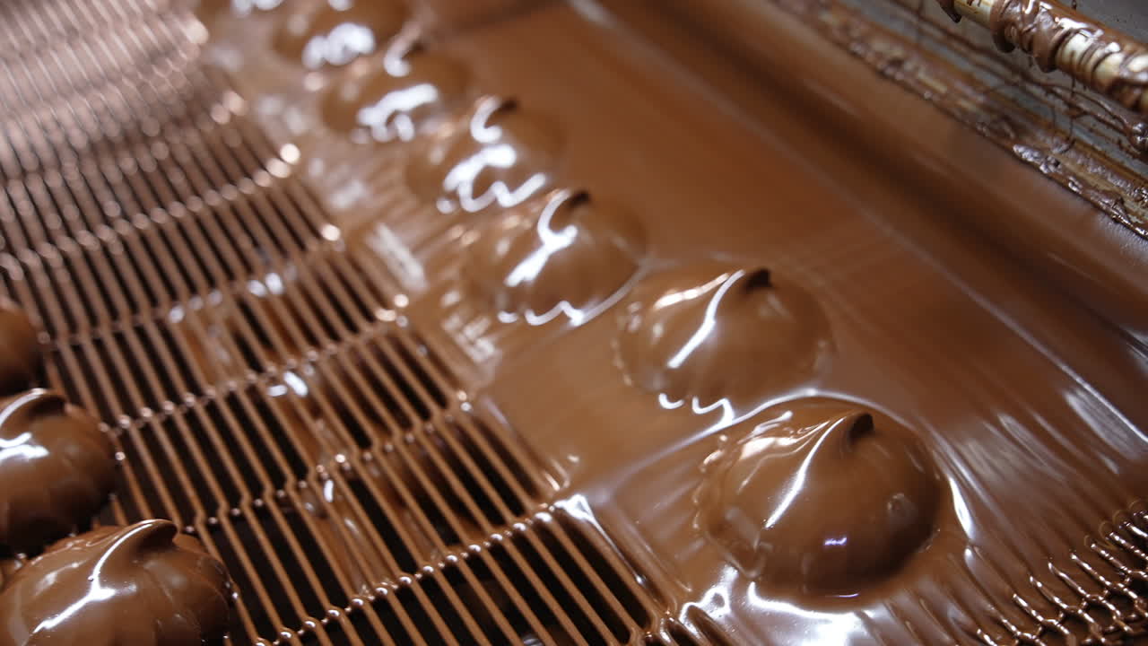 Marshmallows coming out from a thick layer of black melted chocolate. Conveyor grid with zephyr desserts close up.