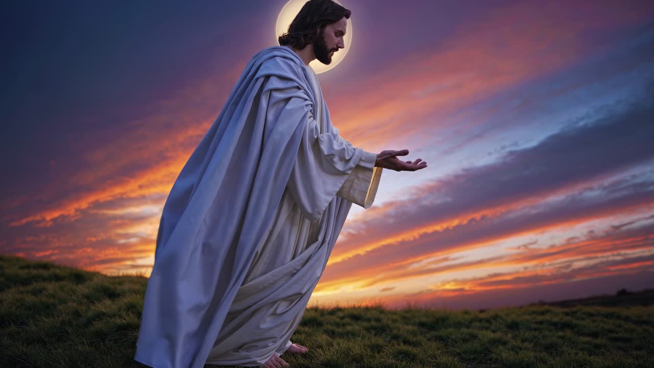 A serene video still of a robed figure with a halo, captured at sunset