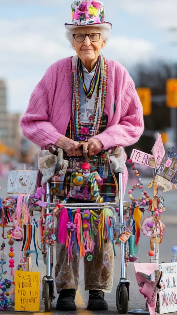 A vibrant senior woman adorned in colorful attire stands confidently with her walker, surrounded by a playful assortment of handmade decorations and art pieces