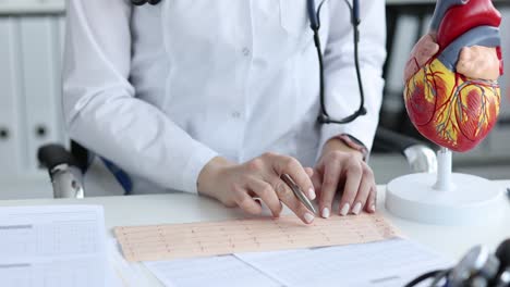 medical professional examining an ecg with an anatomical heart model