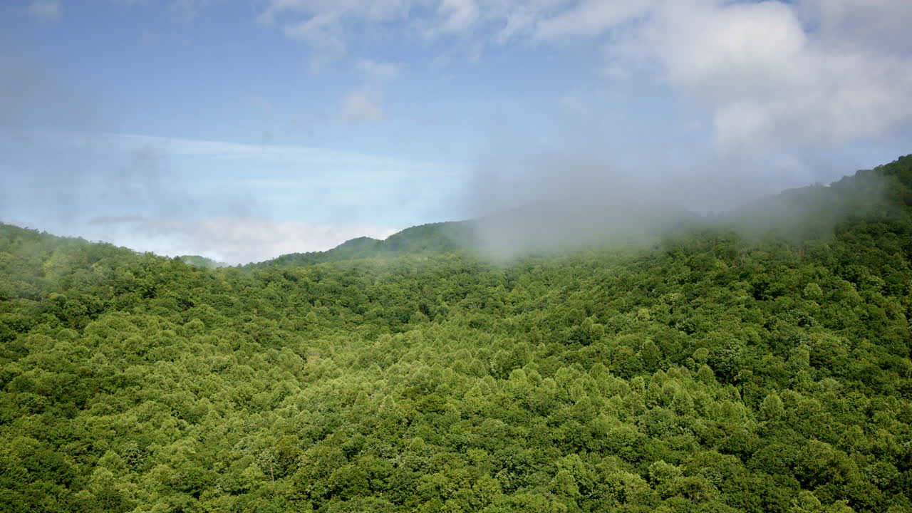 Drone footage of misty mountain ranges in the Great Smoky Mountains, USA