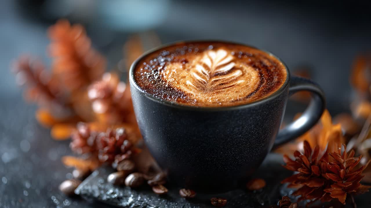A Warm Cup of Artfully Crafted Coffee Featuring Elegant Foam Design Surrounded by Autumnal Decor and Natural Elements Creating a Cozy Atmosphere