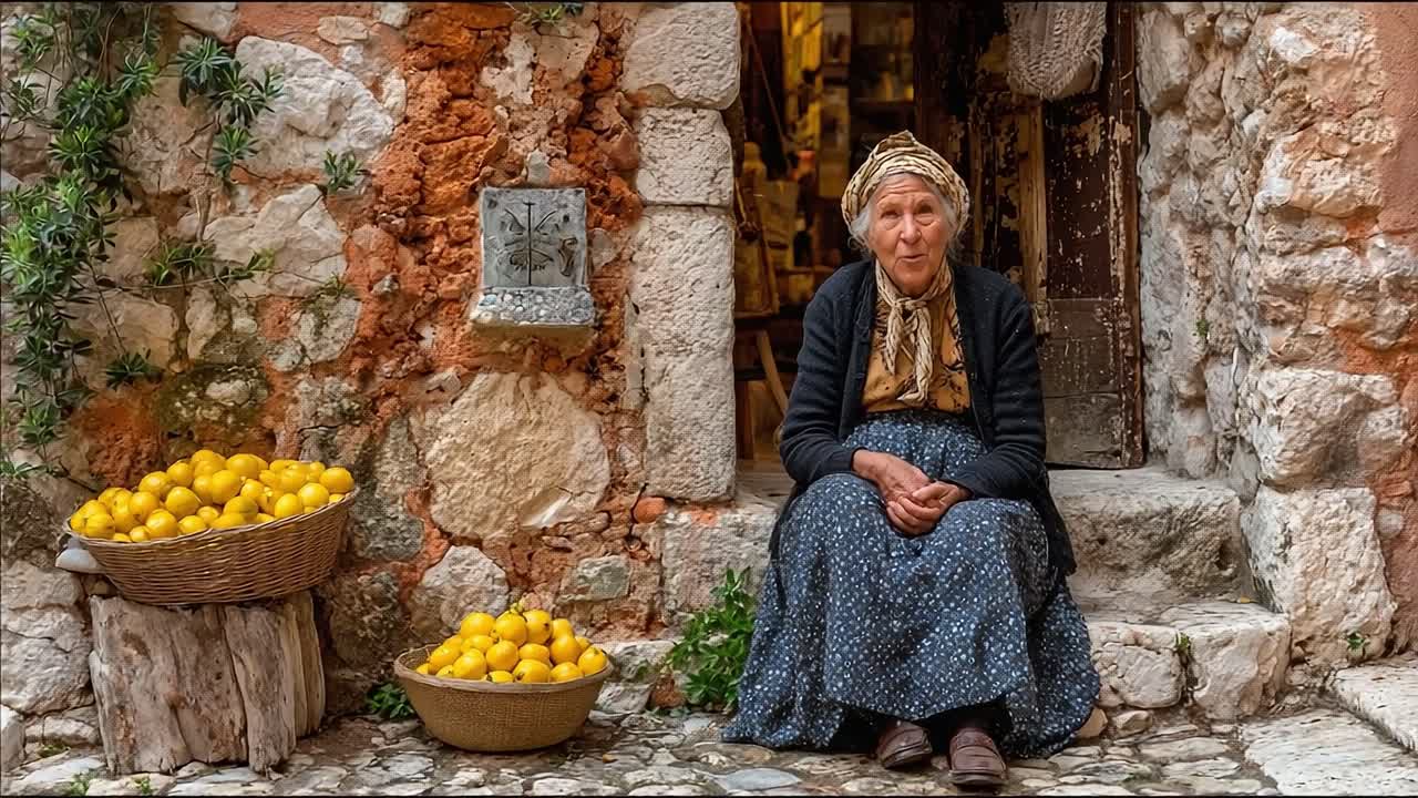 A Charming Encounter with a Smiling Elderly Woman Surrounded by Freshly Harvested Lemons in a Rustic Village Setting, Captured in Two Stunning Frames