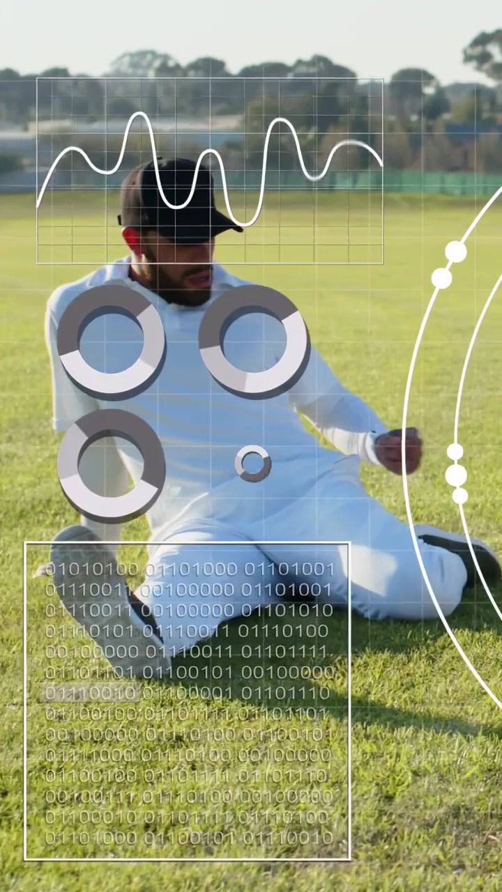 Vertical video: Two teammates shifting, sitting up on grass after cue, reviewing sports HUD overlay
