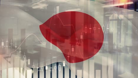 Animation-of-financial-statistics-recording-over-flag-of-japan-waving