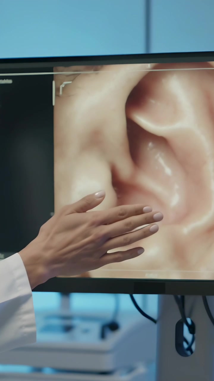 Video verticale: Manica di camice da laboratorio che indica e tocca lo schermo mostrando un esame dell'orecchio con carrello.