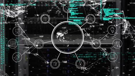 Animation-of-flowchart,-globe,-connected-dots-with-computer-language-over-abstract-background