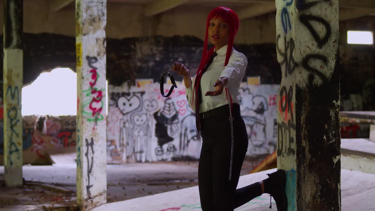 Uma garota ruiva estilosa em uma camisa branca e calças pretas caminha por um parque de skate onde o concreto está vivo com camadas de arte de rua urbana.