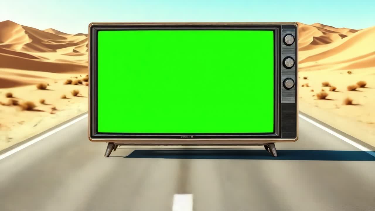 Vintage television set with chroma key composite screen standing on a road in the desert, perfect for video production and advertising