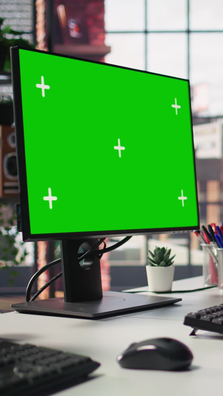 Vertical video Isolated screen computer displays in customer support workplace, panning shot